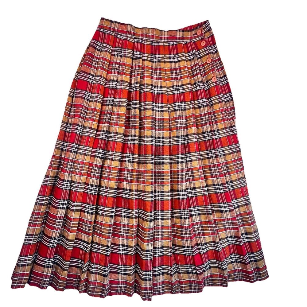 Vtg Liz Baker Essentials Tartan Plaid Pleated Red Midi Skirt Size 12 Academia
